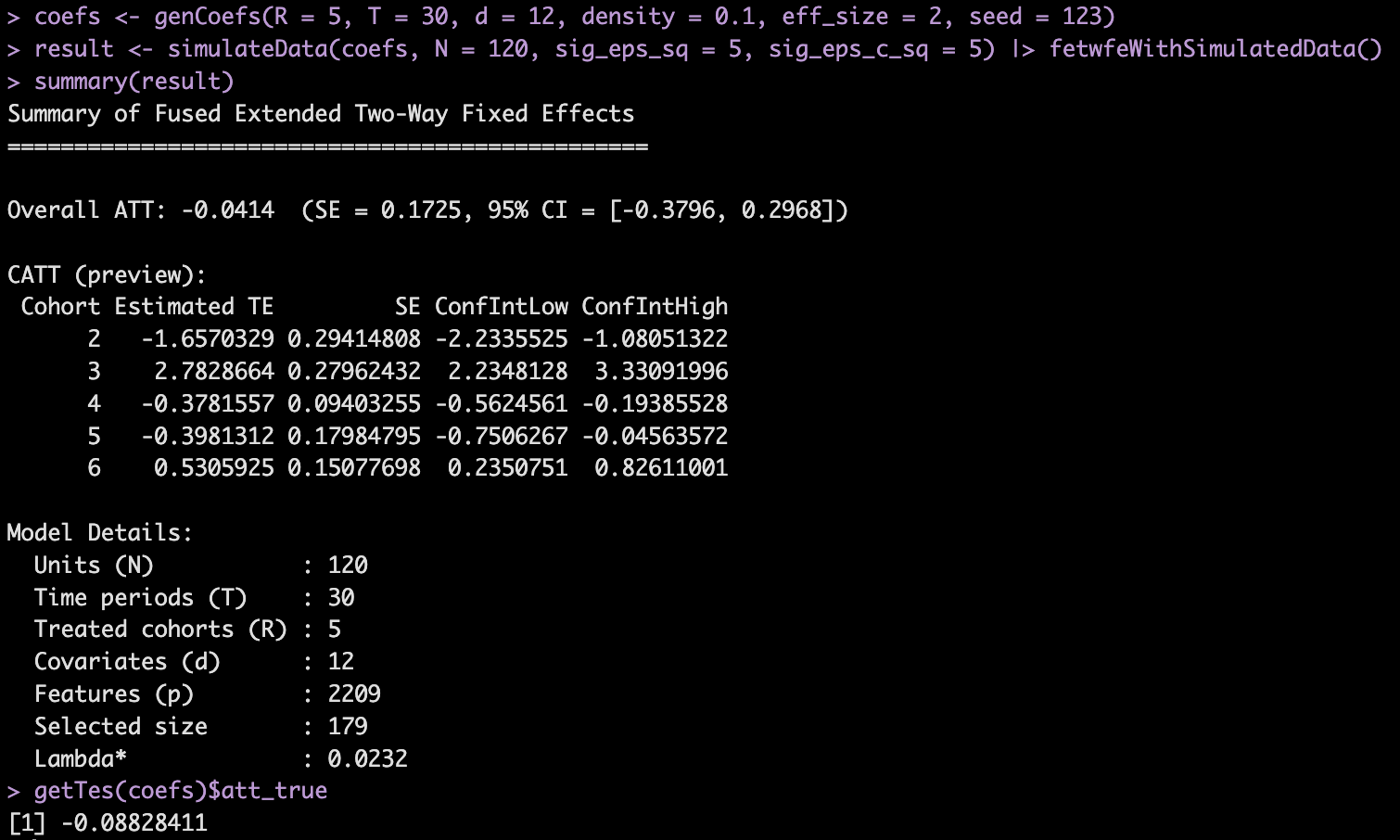 A screenshot of R console output showing code to generate and summarize simulated panel data with “Fused Extended Two-Way Fixed Effects.” The summary reports an overall average treatment effect (ATT = –0.0414, SE = 0.1725, 95 % CI [–0.3796, 0.2968]), a table of cohort-specific treatment effects for cohorts 2–6 with estimates, standard errors, and confidence bounds, model metadata (120 units, 30 time periods, 5 treated cohorts, 12 covariates, 2,209 features, selected size = 179, lambda = 0.0232), and the true ATT value (–0.08828411).